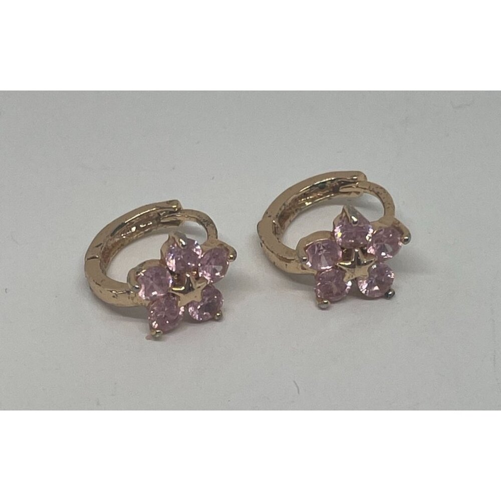 Gold Tone and Pink Rhinestone Flower Hoop Huggie Earrings for Pierced Ears